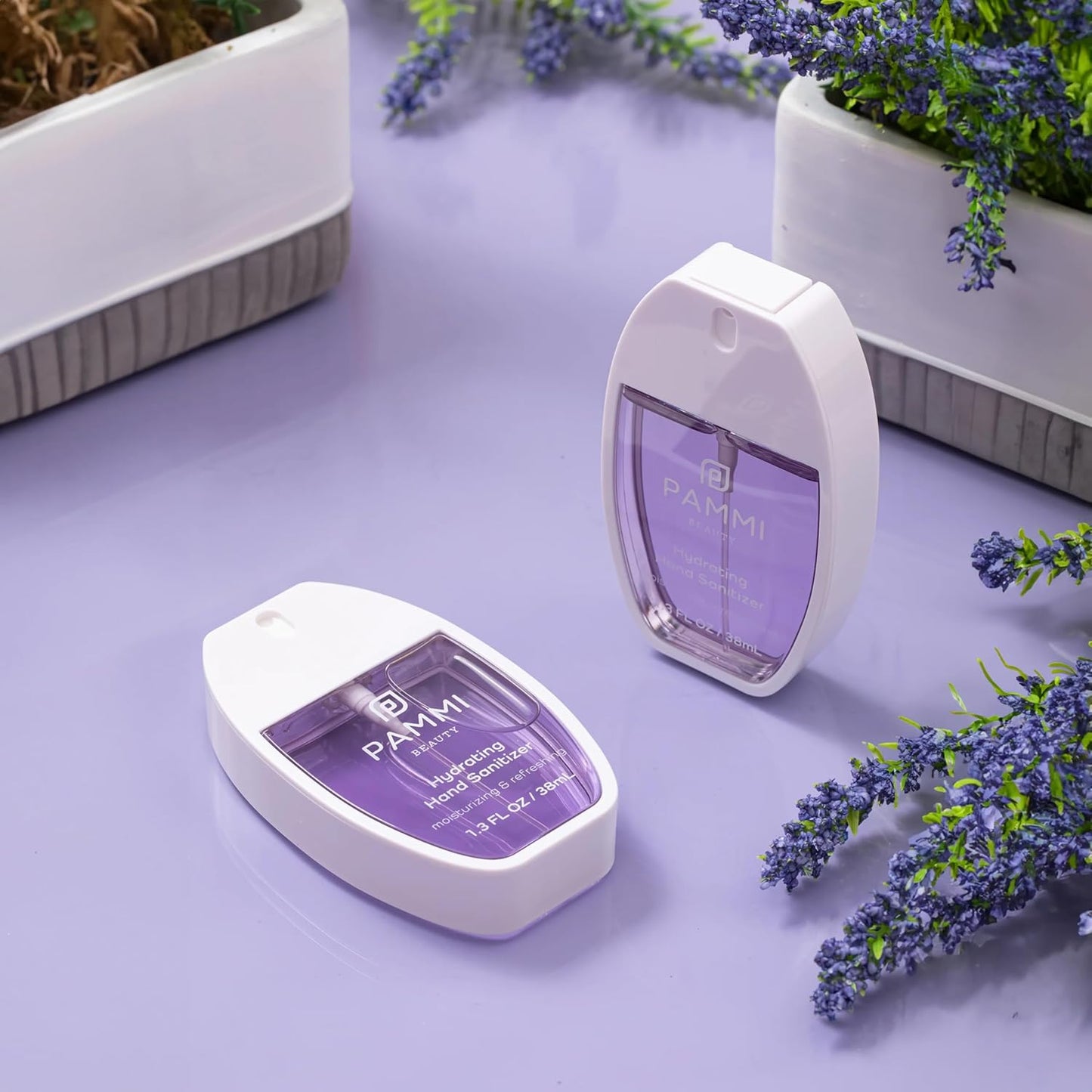 PAMMI Power Mist Hydrating Hand Sanitizer Spray, Portable Travel Size Pocket Hand Sanitizer, Scented Handsanitizer Mini Spray For Car - 600 Sprays (2 Pack (Peach, Lavender))