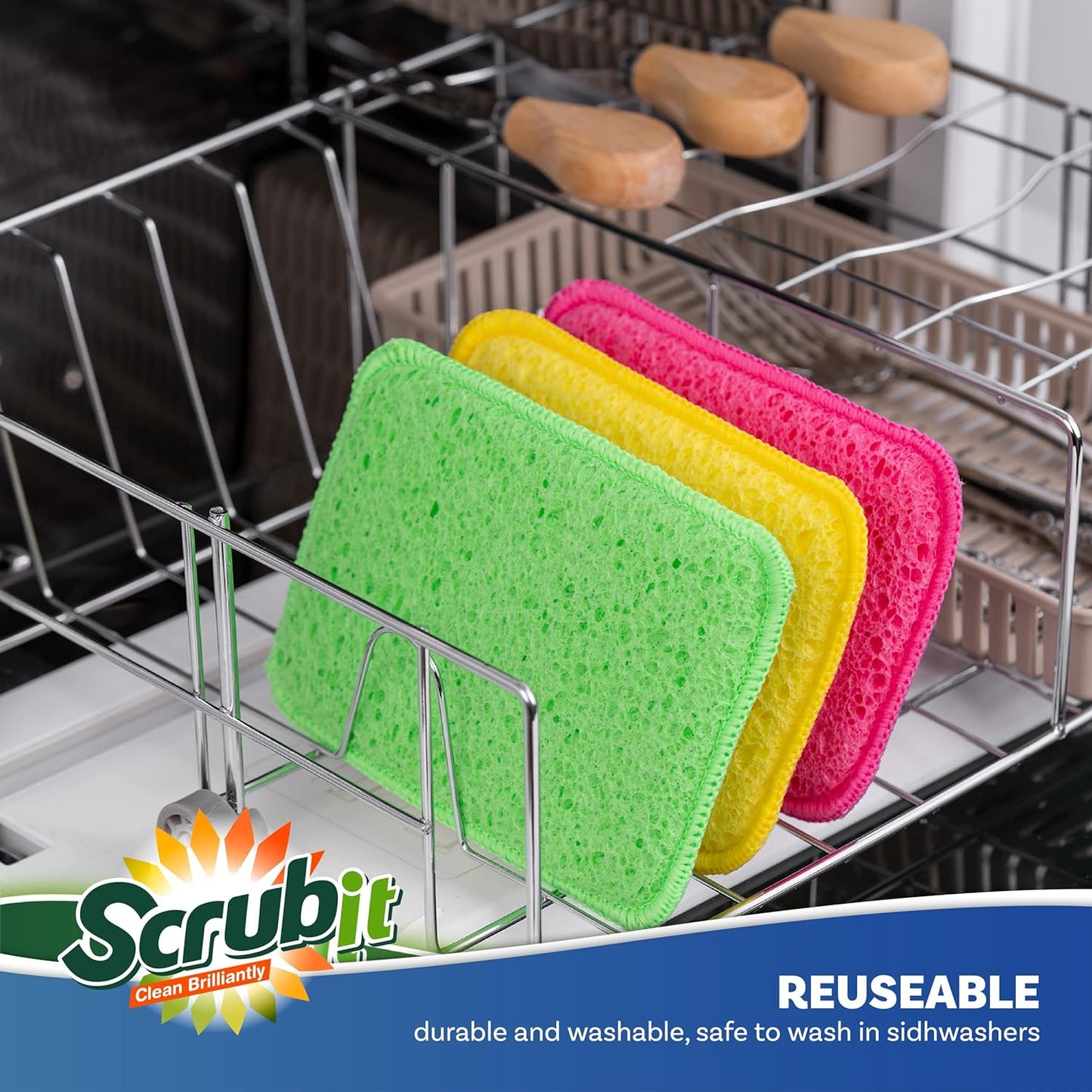 Scrub and Wipe Cleaning Pads [10 Pack] – SCRUBIT Dual Sided Scouring Pad and Sponge - Reusable Kitchen Scrubbing Sponges for Dishes, Pots, Pans Utensils & Non-Stick Cookware (Green)