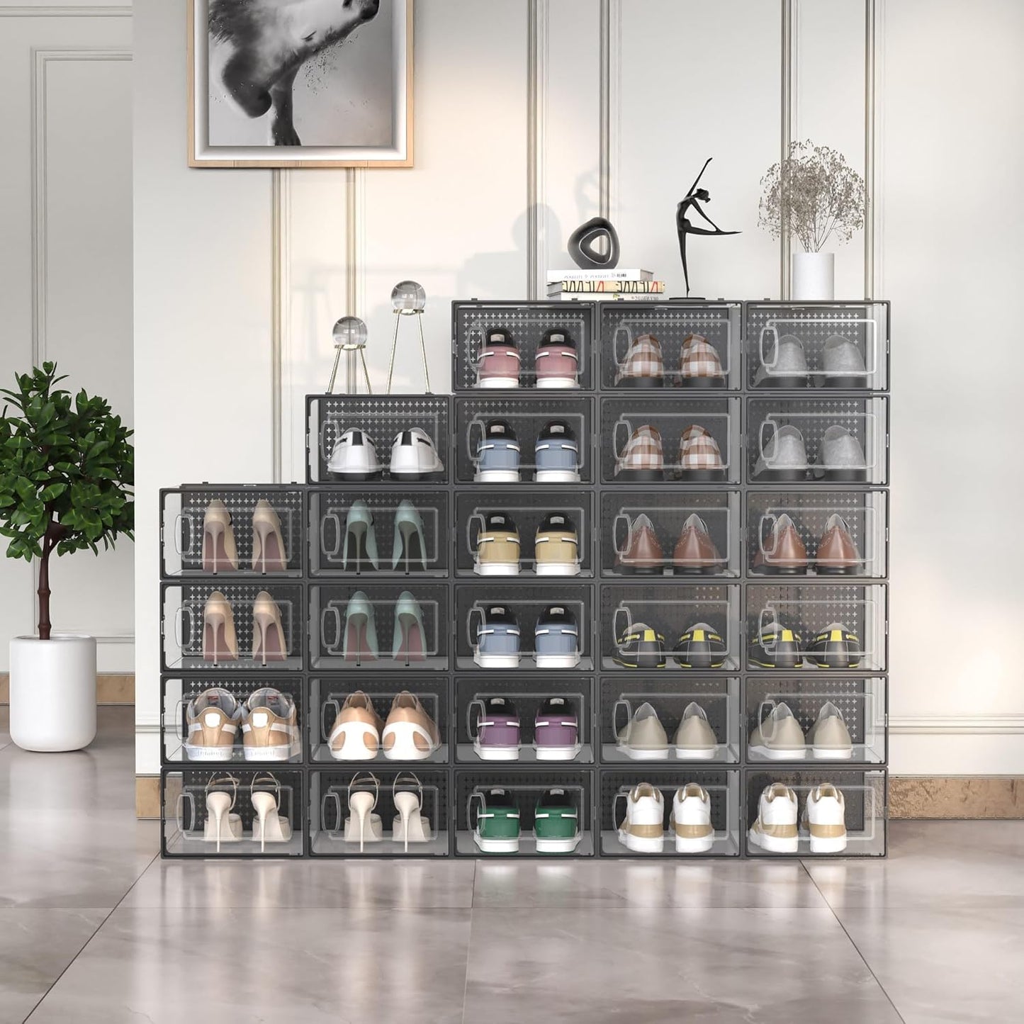 12 Pack X-Large Modular Clear Plastic Stackable Shoe Storage Organizer for Closet, Space Saving Versatile Sneaker Shoe Rack Containers Bins Holders, Portable Closet Organizers and Storage, Black02