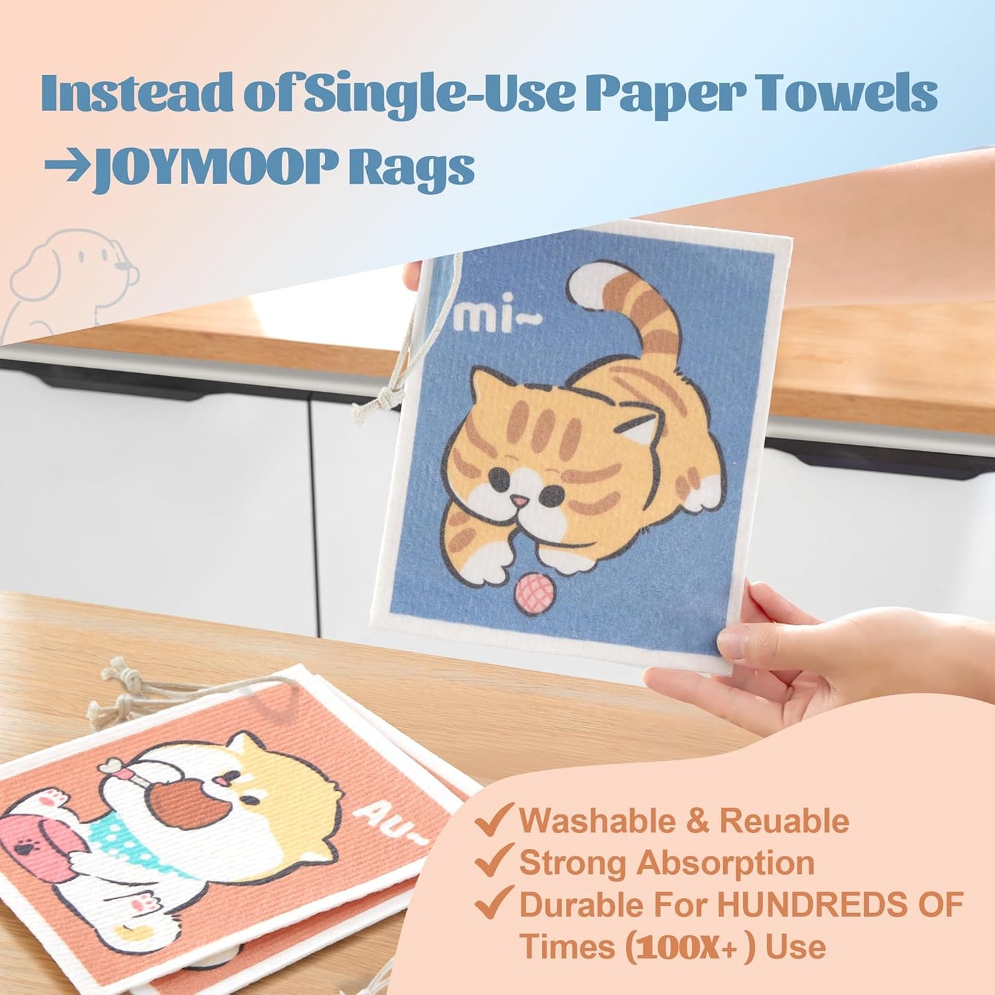 JOYMOOP Cartoon Cellulose Cleaning Cloth, Reusable Absorbent Dish Towels, Non-Scratch Washable Rags for Cookware, Kitchen and Household Cleaning - 6pcs, 6.7×7.9inch