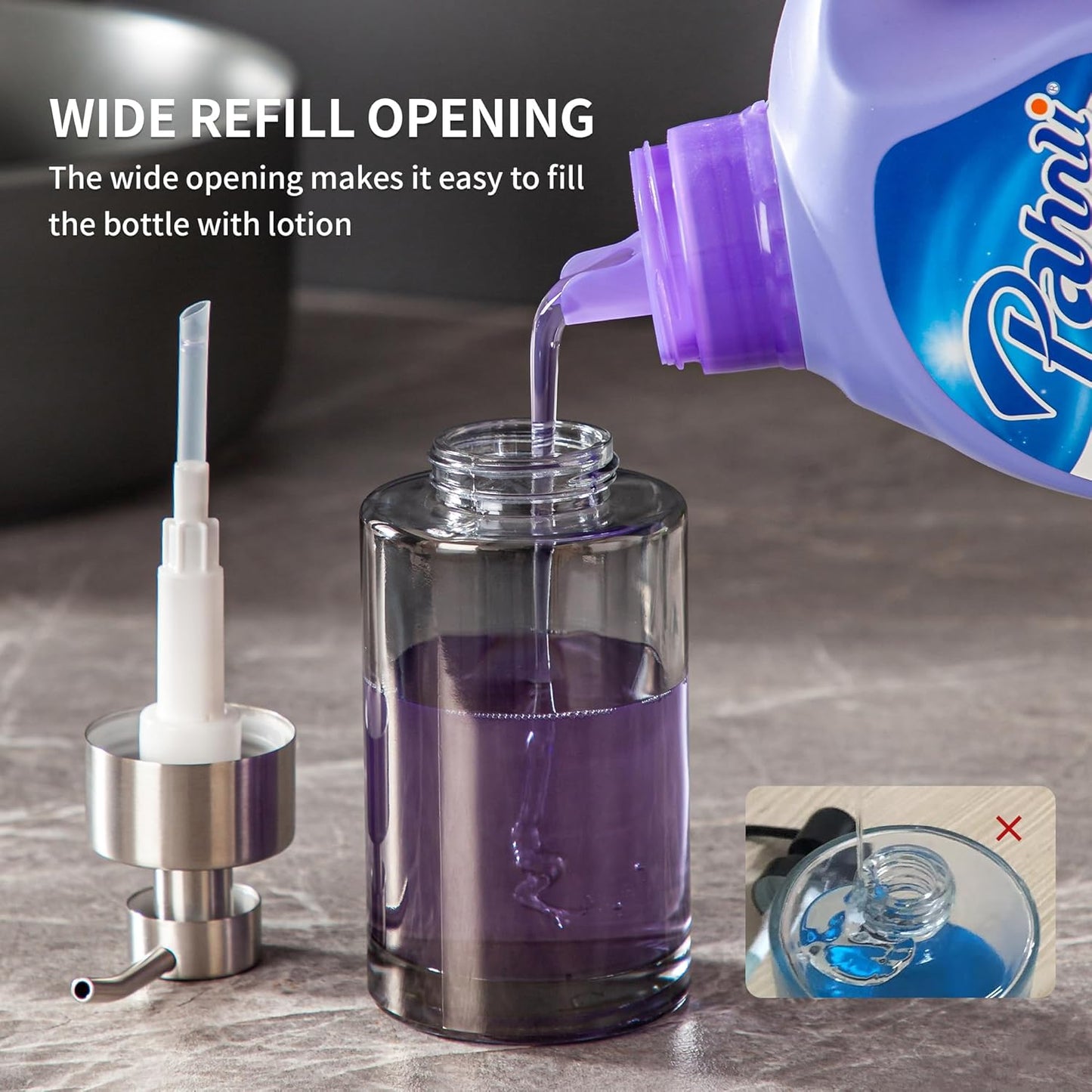 Enra Thick Glass Soap Dispenser with Stainless Steel Pump, 12oz Bathroom & Kitchen (Silver)