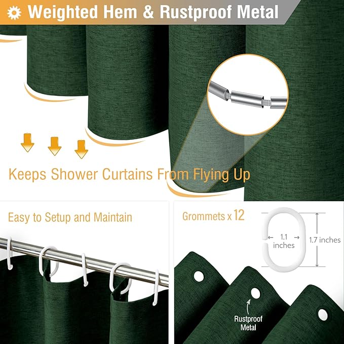 BTTN Long Fabric Shower Curtain, 78 Inch Linen Textured Heavy Duty Polyester Cloth Shower Curtain Set with 12 Plastic Hook, Hotel Luxury Waterproof Shower Curtain for Bathroom - 72x78, Emerald Green