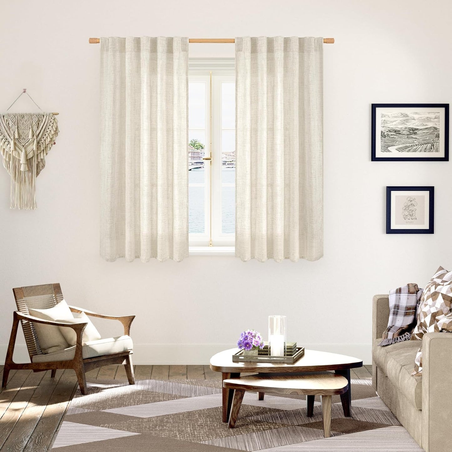 YoungsTex Linen Curtains 45 Inch Length for Kitchen Window, Cream Short Semi Sheer Drapes with Rod Pocket Back Tab Light Filtering Textured for Living Room Bedroom Bathroom, 2 Panels, 42 X 45 Inch
