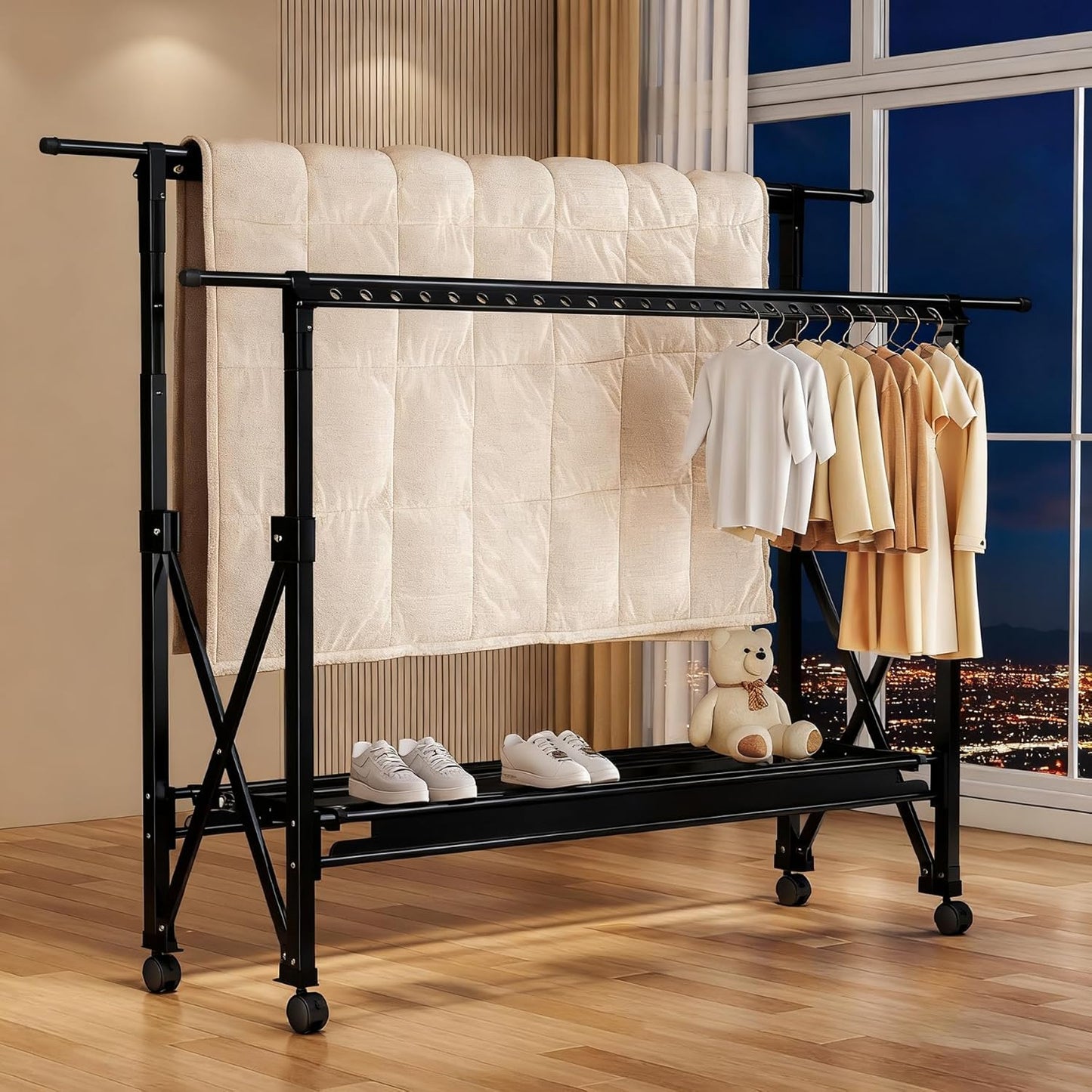 Heavy Duty Rolling Clothing Rack with Wheels, Portable Double Rod Metal Garment Rack, Clothes Drying Hanging Organizer for Closet, Laundry, Storage, Freestanding Adjustable Coat Hanger, Black