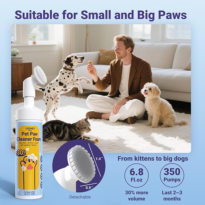 Dog Paw Cleaner, No-Rinse Pet Paw Washer, Unscented, Larger 7oz Waterless Foam Foot Cleanser for Large and Small Dogs&Cats, Safe and Pet Friendly for Dirty Paw Deep Cleaning