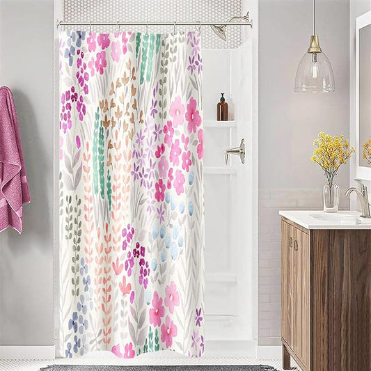 Small Stall Shower Curtain 36 x 72 Inch, Half Narrow Cute Floral Shower Curtain for Bathroom, Hot Pink Wildflower Boho Cottagecore Fabric Shower Curtain Set with Hooks