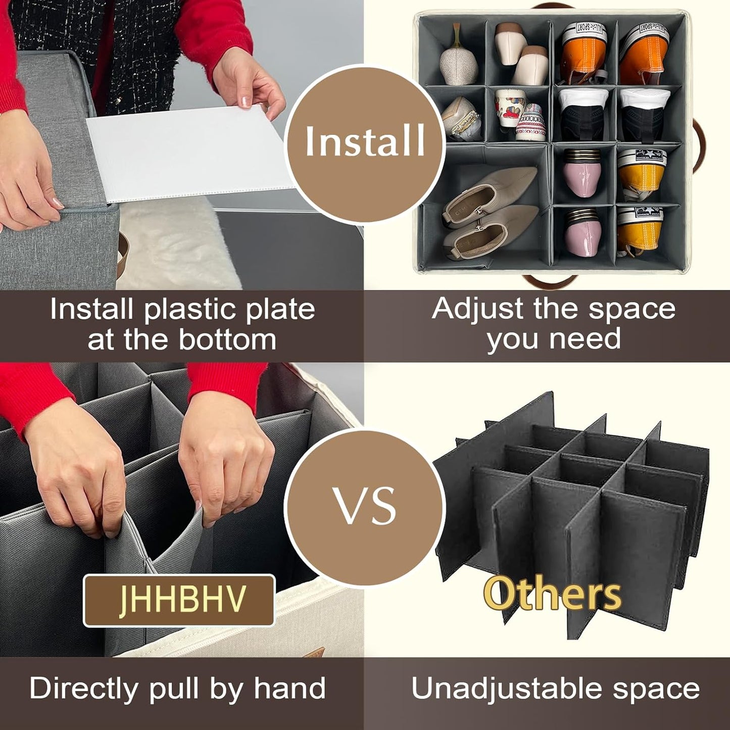 2 Pack Shoe Organizer for Closet, Adjustable Shoe Box Storage Containers, Large Foldable Shoe Bins with Clear Cover, Space Saving Shoes Holder with 4 Handles, Fits 16-32 Pairs, Beige