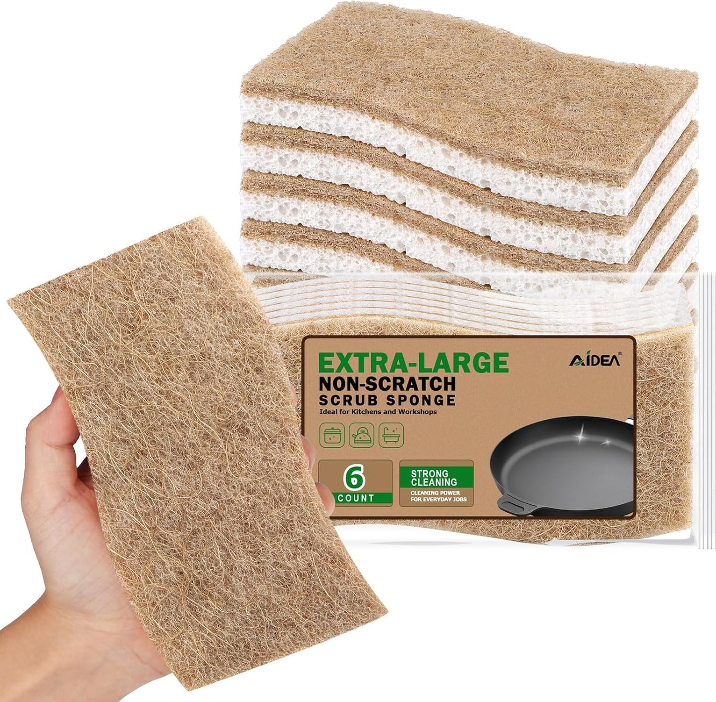 AIDEA XL Scrub Sponges Non-Scratch, 6Count, Large Natural Sponge for Non Stick Cookware, Sponges Kitchen, Cellulose Cleaning Sponge for Dishes, Kitchen, Bathroom, Household