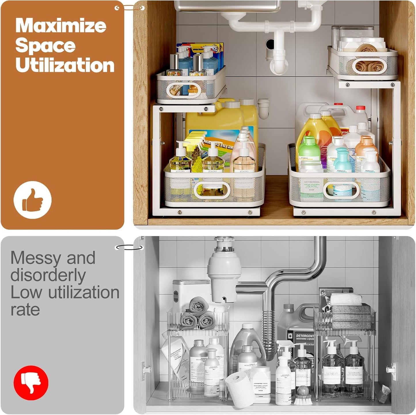 2 Pack 21.3IN-Depth Under Sink Organizer with Smooth Cylindrical Rail,2-Tier Pull Out Multi-Purpose Cabinet Storage for Bathroom&Kitchen,Height Adjustable,Rust-Resistant Coating-White