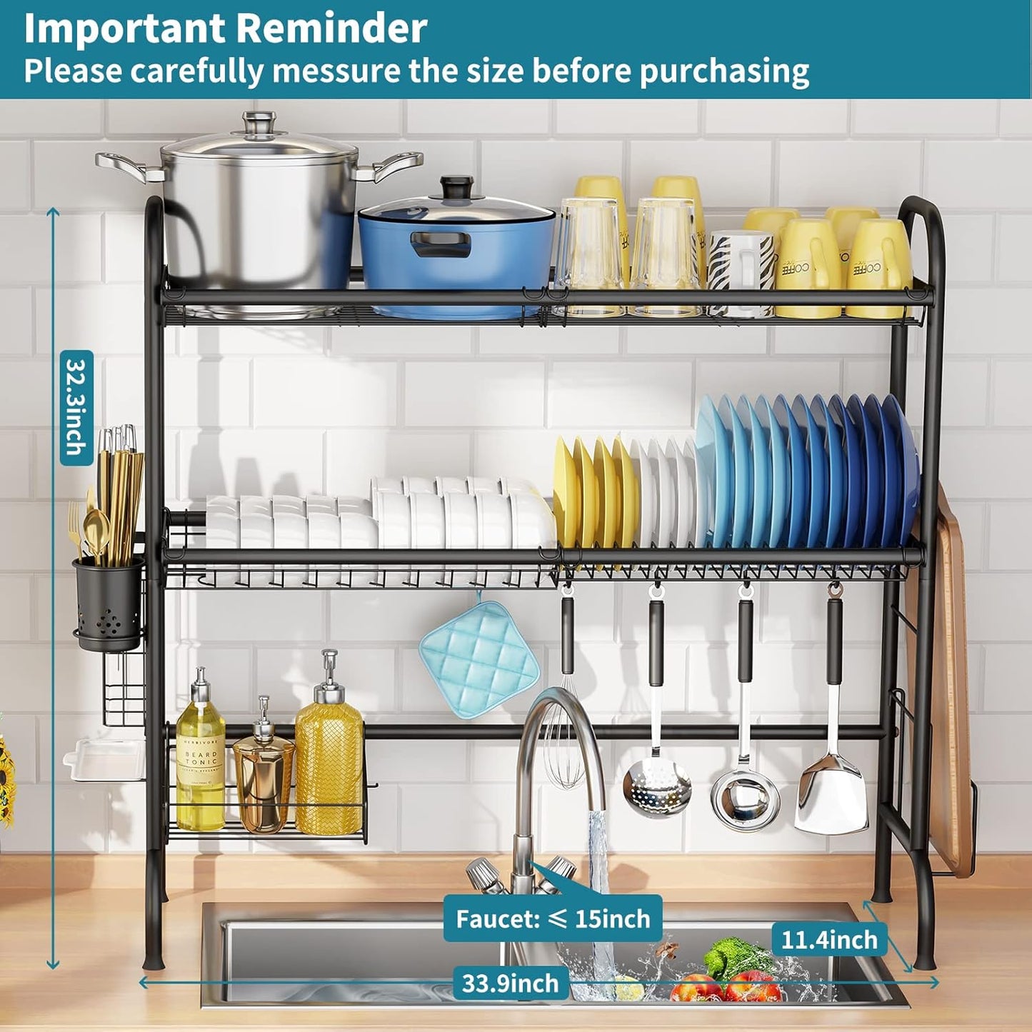 HOWDIA Over The Sink Dish Drying Rack, 3-Tier Stainless Steel Large Over The Sink Dish Rack with Utensil Holder Dish Drainers for Kitchen Counter