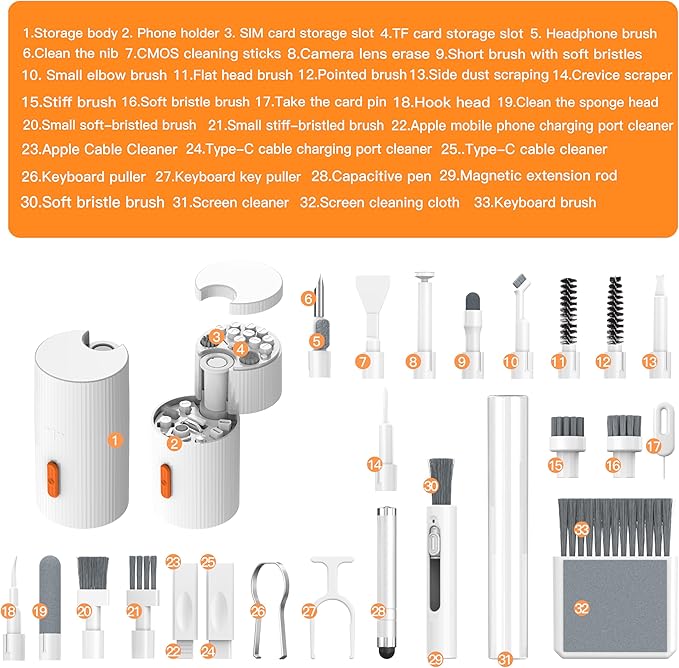 GK GAMAKAY Keyboard Cleaning Kit, 33-in-1 Multifunctional Magnetism Rotating Cleaning Kit, Portable Electronics Brush Tool for iPad iPhone Pro Tablet PC Camera Lens Earbuds Monitor (White)