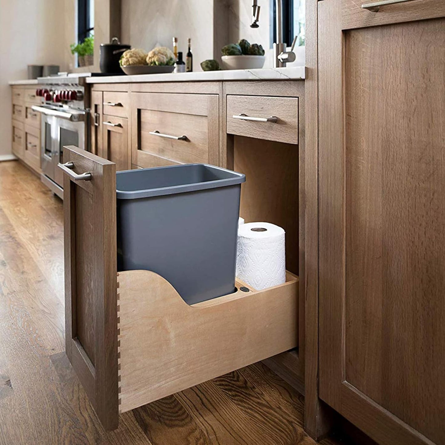 Rev-A-Shelf Pullout Trash Can for Kitchen Cabinet, Single 35 Qt Bin with 12" Wood Frame - Large Garbage Bin Container for Home Waste Storage and Recycling