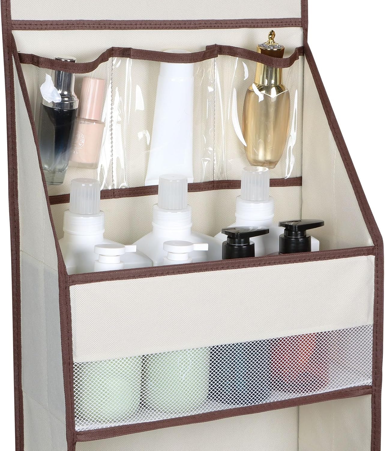 Univivi 5-Shelf Fabric Door Storage Over Door Hanging Organizer with 4 Large Pockets and 3 Small PVC Pockets Nursery Closet Cabinet Wall Mount Hanging Storage Organizers for Baby Nursery (Beige)