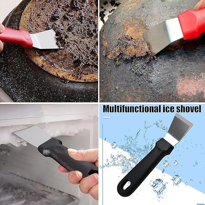 Katartizo 5Pcs Kitchen Stove Cleaning Brush + Scraper Tool Set, Heavy Duty Scraper for Gas Burners Cooktop Pot Pan Brass, Stainless Steel and Nylon Brush Head Brushes for Range Hood Grease Grime