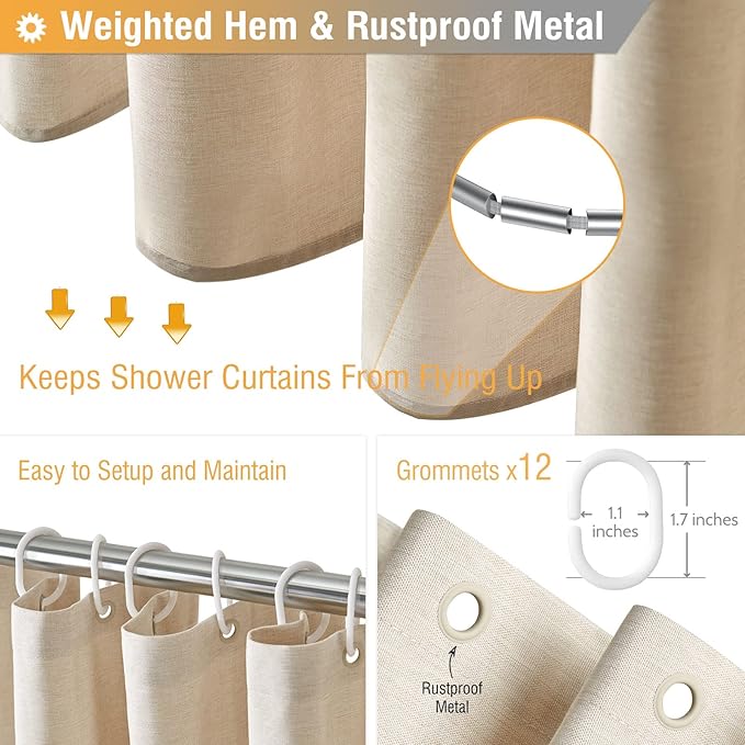 BTTN Extra Long Fabric Shower Curtain, 96 Inch Linen Textured Heavy Duty Cloth Shower Curtain Set with 12 Plastic Hooks, Large Hotel Luxury Polyester Shower Curtains for Bathroom(72"x96", Beige/Cream)