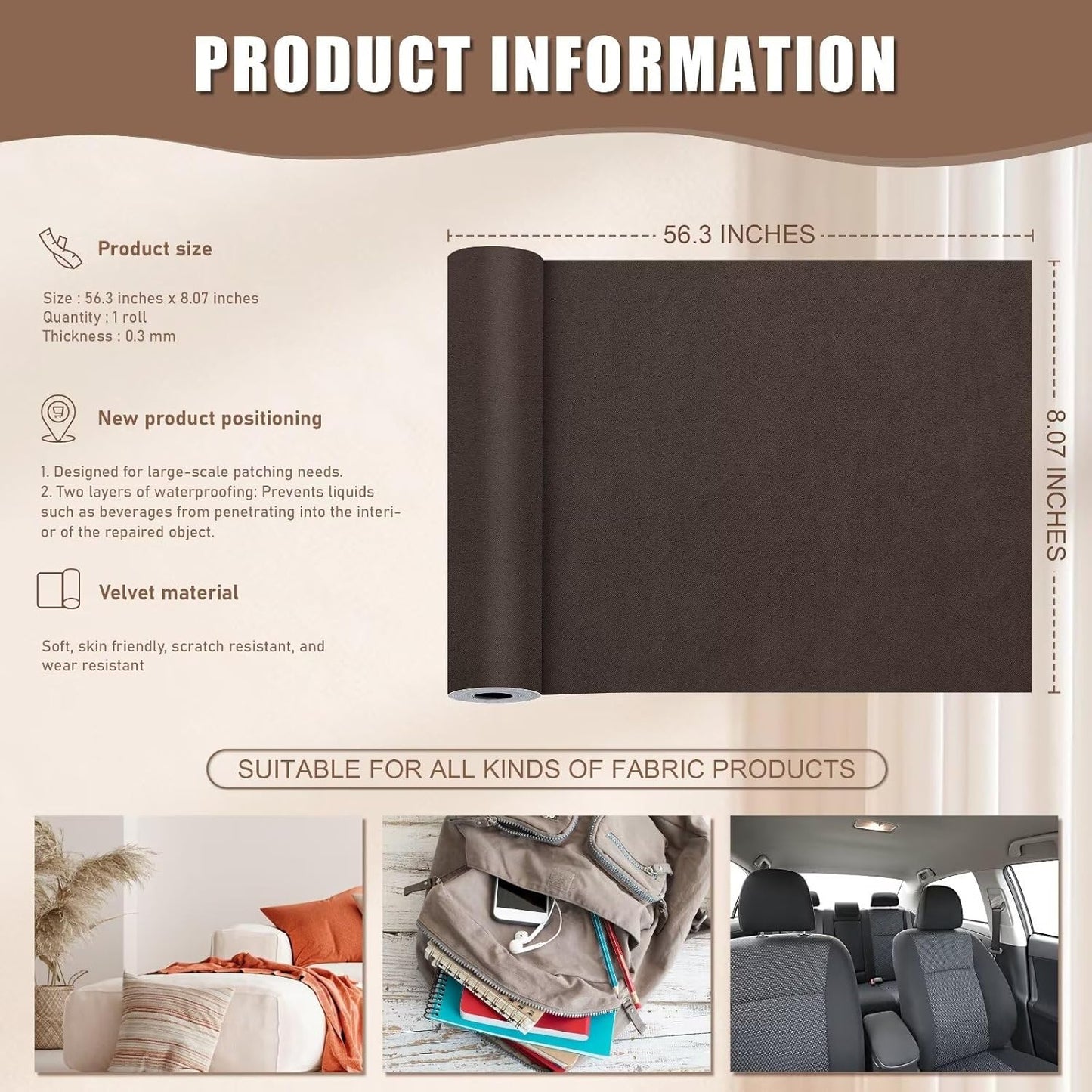 Azobur Couch Patches, Extra-Large Durable Fabric Tape, Ideal for Automotive Upholstery Repair, Waterproof, Self-Adhesive, Quickly Fix Sofas, Car Interiors, and Other Fabric Items (Dark Brown)