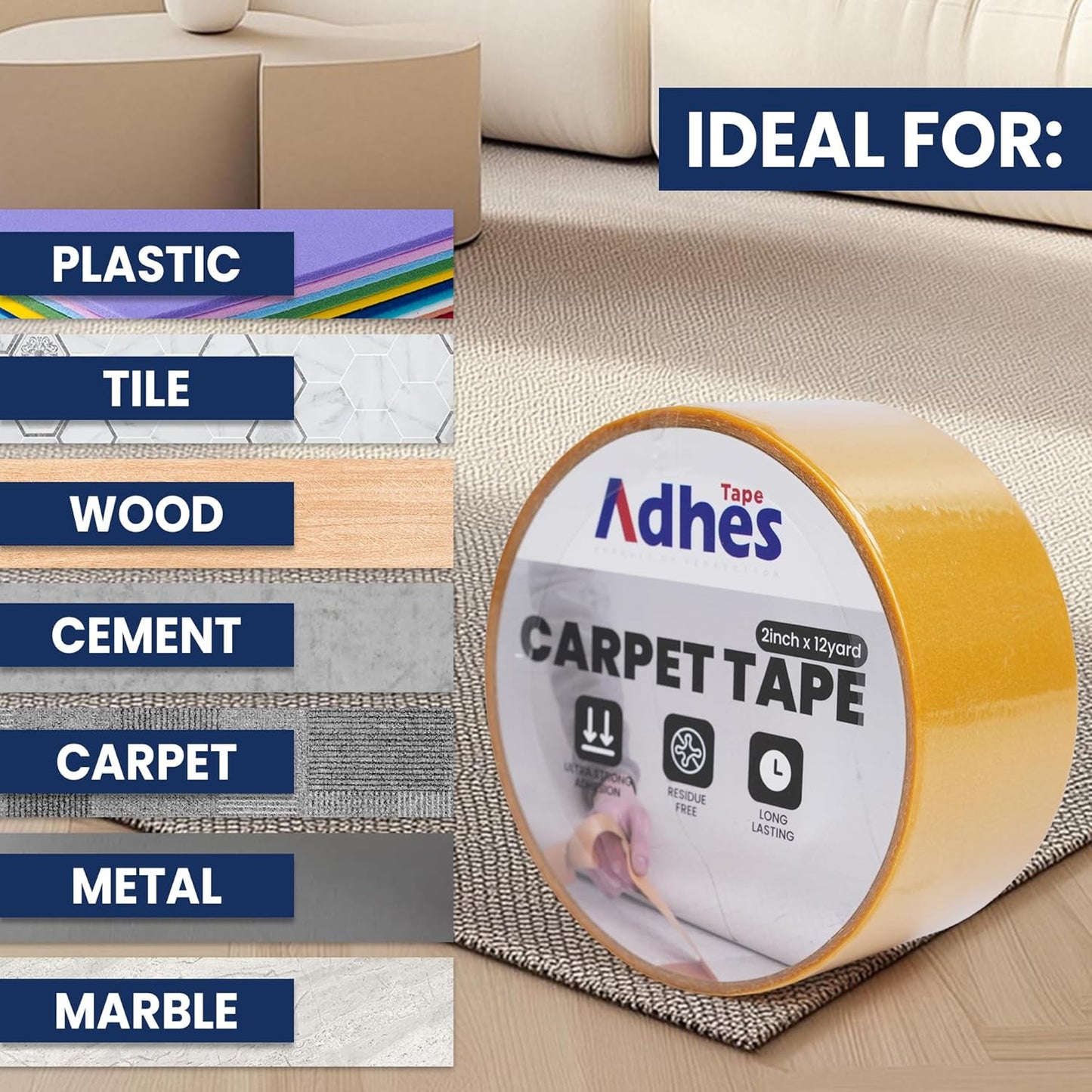 Adhes Double-Sided Carpet Tape, 2 Inch x 12 Yard Rug Tape with 8 Anti-Skid Pads, Heavy Duty Carpet Grip Tape for Hardwood Floors, Area Rugs, and Tile