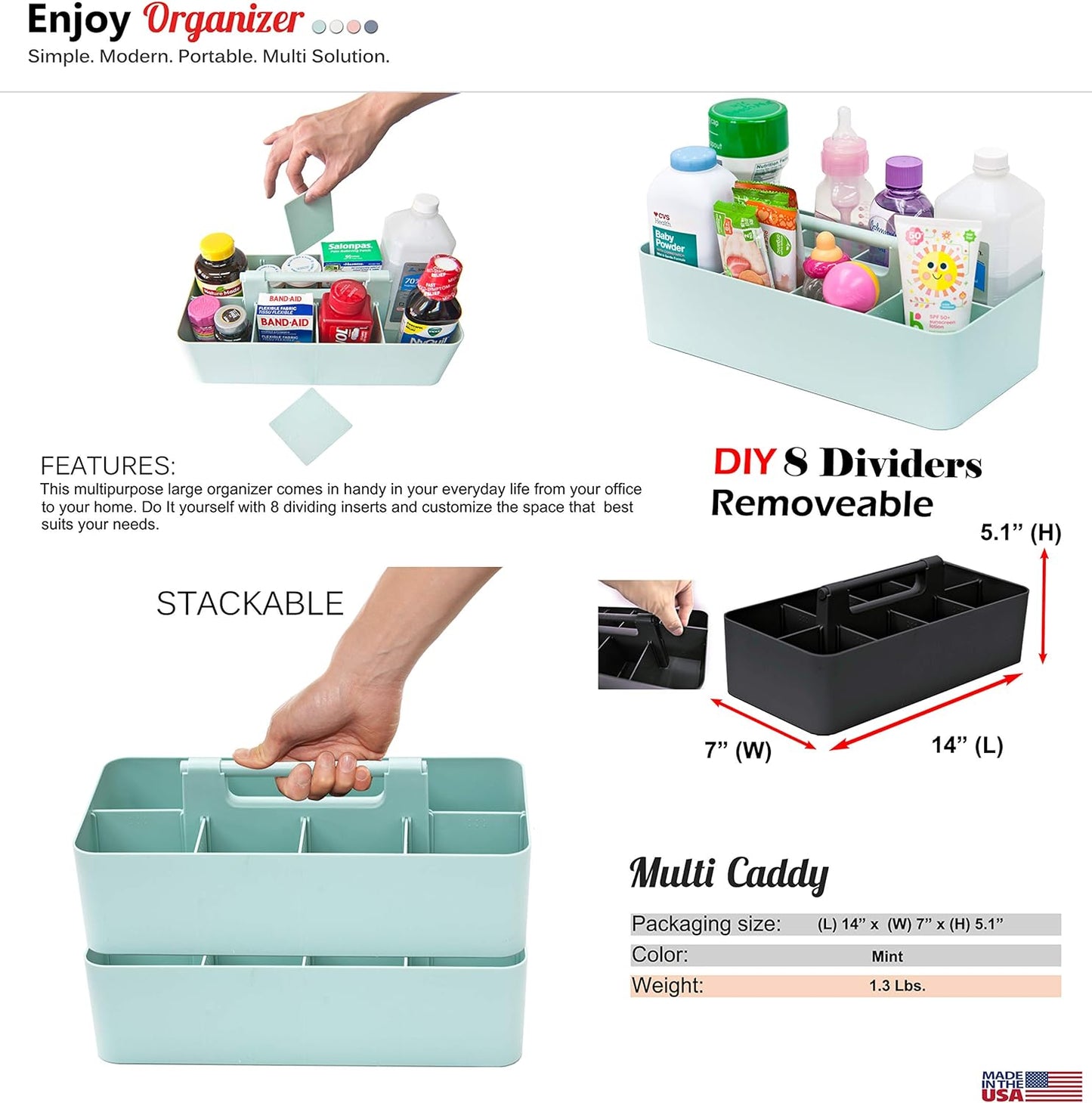 2 PACK - Portable DIY 8 Dividers Durable Plastic Tote Basket Bin Tool & Supply Cleaning Caddy with Handle Made In USA (Mint)