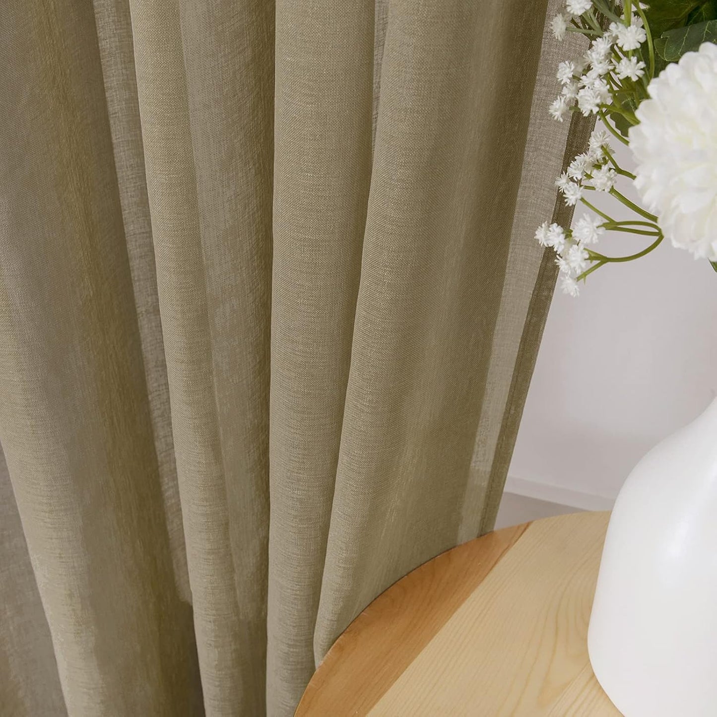 Tollpiz Short Sheer Curtain Linen Textured Bedroom Curtains Sheer Light Filtering Rod Pocket Voile Curtain for Living Room, 54 x 54 inches Long, Taos Taupe, Set of 2 Panels