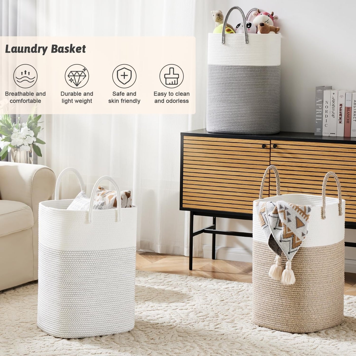 Laundry Basket,Woven Cotton Rope Laundry Hamper,Versatile Storage for Dirty Clothes,Baby Toys,and Blankets in Bathroom, Nursery,and Living Room (Grey, 40L)