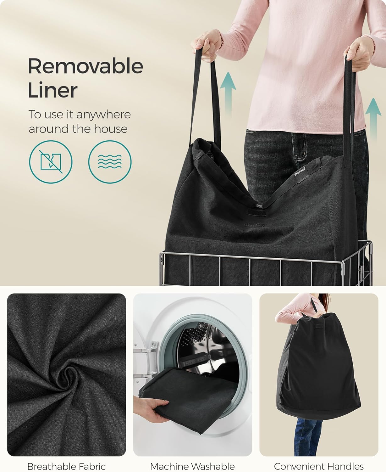 SONGMICS Laundry Hamper, 23.8 Gal. (90L) Laundry Basket, Collapsible Clothes Hamper, Removable and Washable Liner, Metal Wire Frame, for Bedroom Bathroom, Silver and Classic Black ULCB190B01