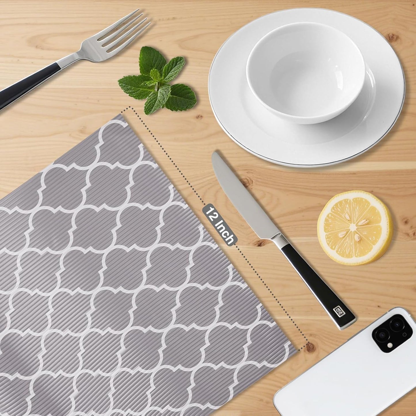 Glotoch 2 Rolls Shelf Liners for Kitchen Cabinets 12”x 20ft, Non Slip Drawer Liner,Waterproof Cabinet Liner for Wire/Pantry/Closet Non Adhesive Table Place Mats, Heavy Duty, Quatrefoil Grey