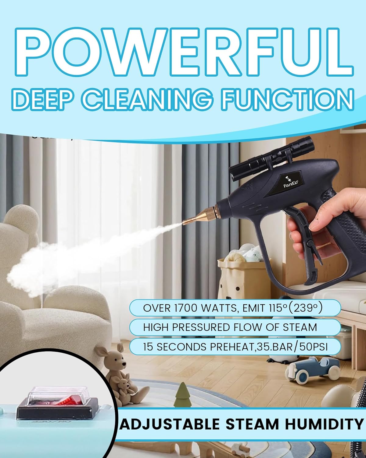 FoundGo 1700W Tankless Handheld Steam Cleaner with 7 Brushes 20s Heating to 239℉ Pressurized Portable Steam Cleaner, Cleaning Home/Kitchen/Car & More-Blue