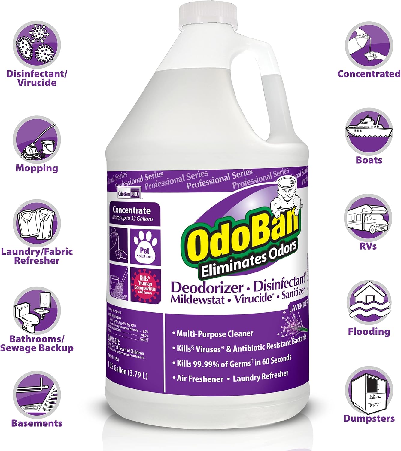 OdoBan Professional Disinfectant and Odor Eliminator Concentrate, Made in the USA, Lavender Scent, 2-Pack, 1 Gallon Each