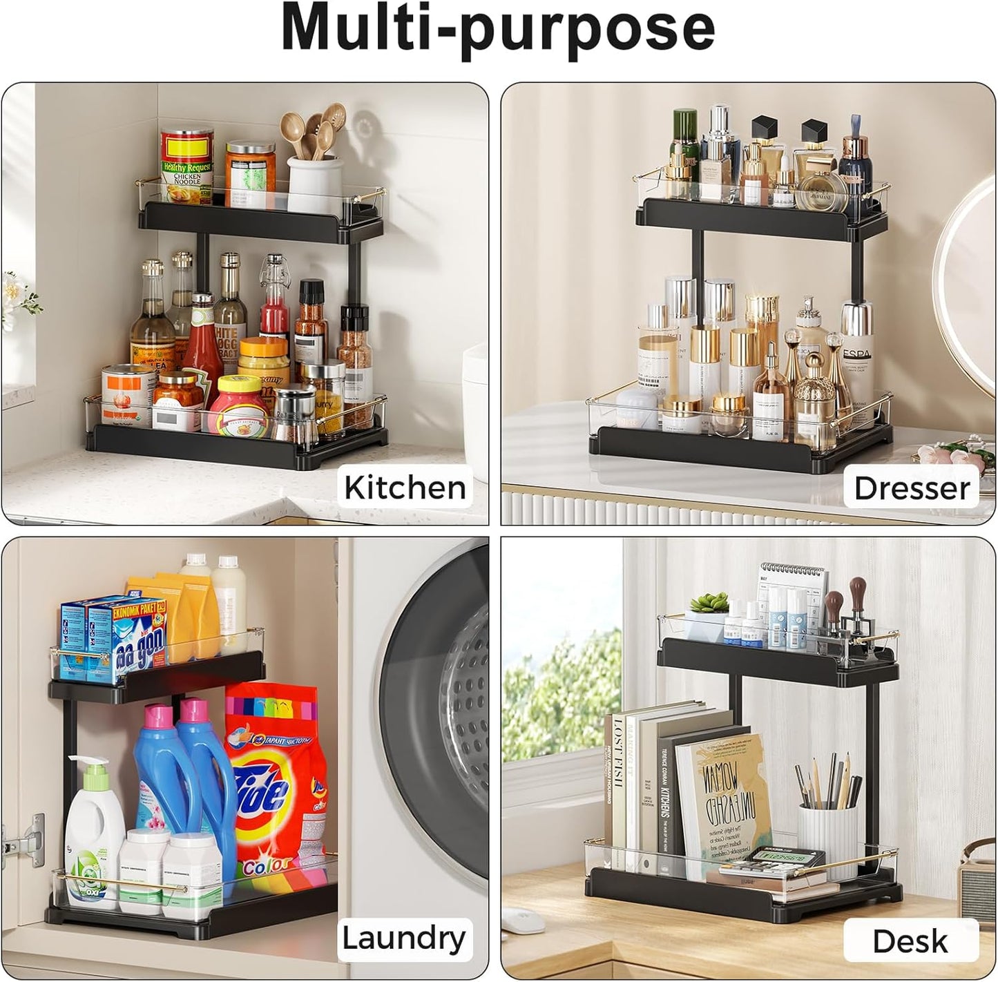 heart & home 1-Pack Under Sink Storage Organizer for Kitchen & Bathroom Cabinets with Removable Washable Tray, Tool-Free Assembly – Multi-Purpose for Kitchen Countertop, Vanity, & Laundry Room，Black