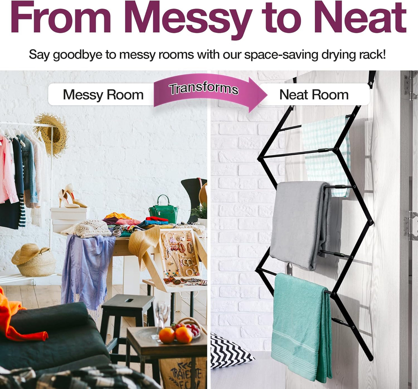 BLACK+DECKER Over The Door Expandable Telescopic Drying Rack, Clothes Organizer, Towel Hanger, Laundry, Collapsible, Black