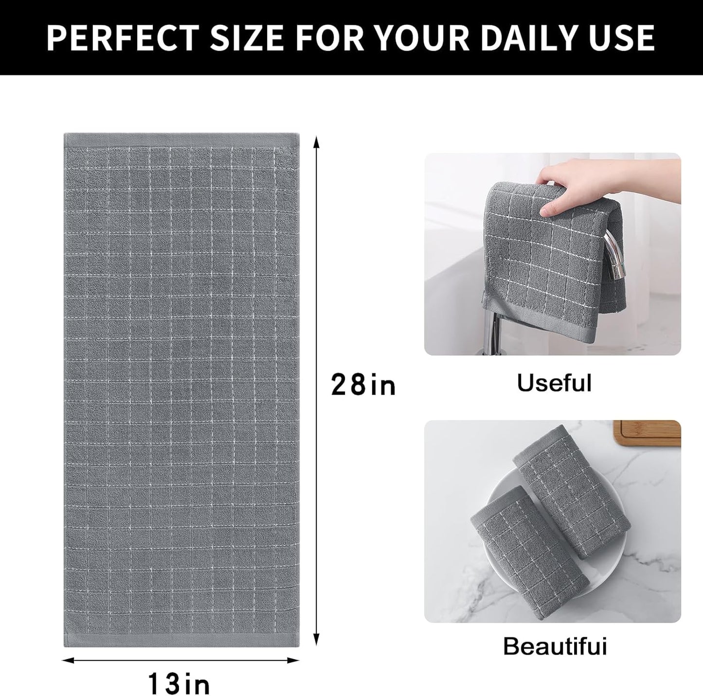 Homaxy 100% Cotton Terry Kitchen Towels(Grey, 13 x 28 inches), Checkered Designed, Soft and Super Absorbent Dish Towels, 8 Pack