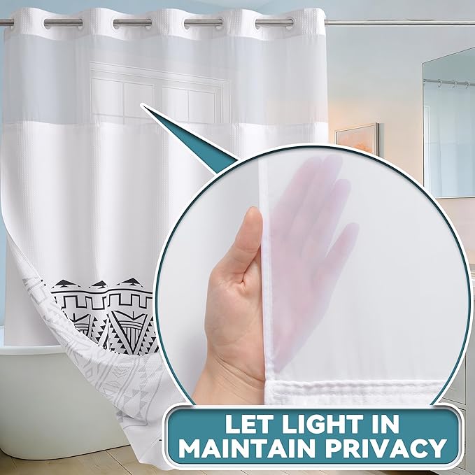 Conbo Mio No Hook Waffle Weave Shower Curtain with Snap in Liner Set, Hotel Luxury Boho Shower Curtains for Bathroom with See Through Top Window, Waterproof, Washable 71W x 74H White