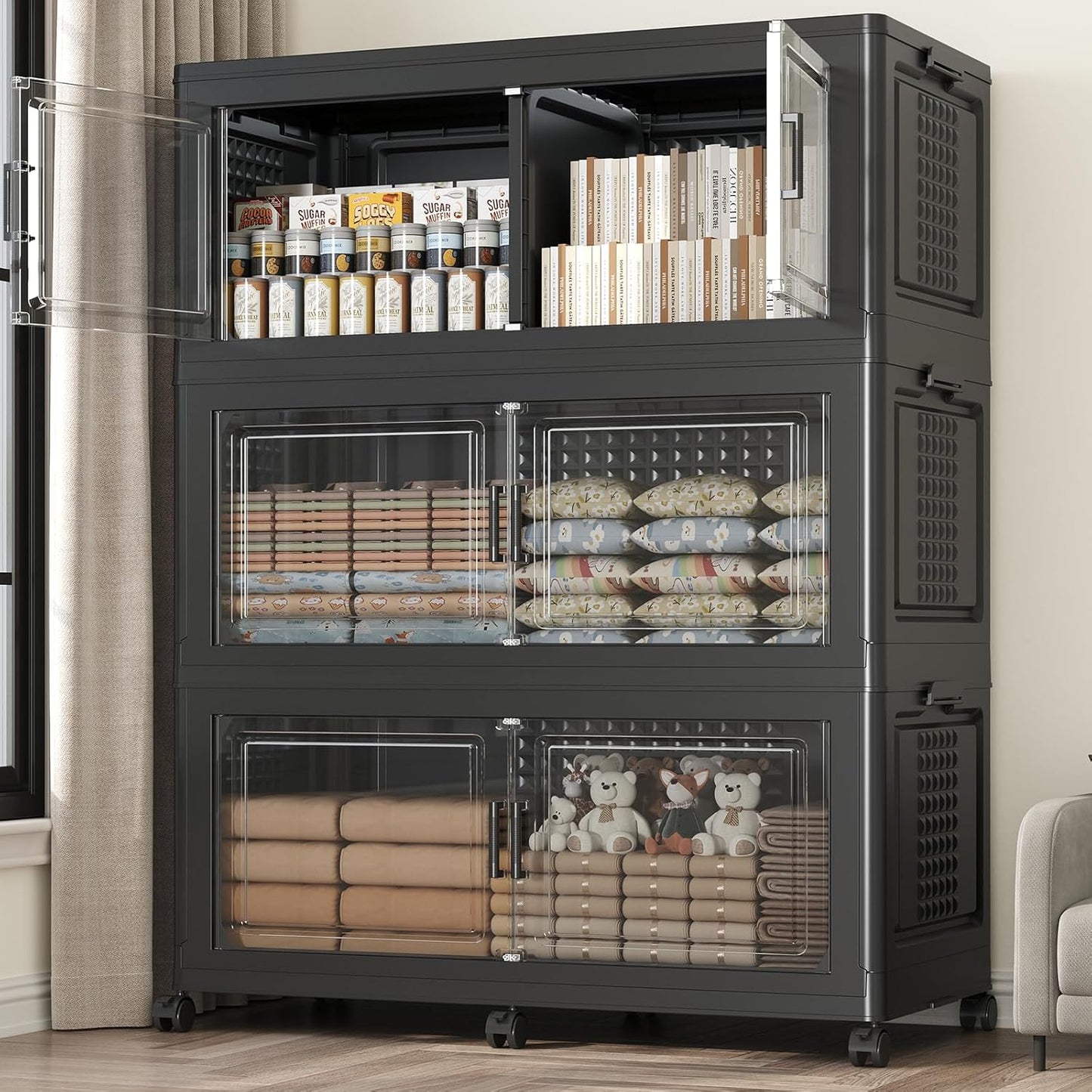 150GAL Extra Large Storage Bins with Lid, 600Qt Stackable Closet Organizers and Drawers, Collapsible Storage Bins with Wheels, Folding Storages Cabinet for Home Bedroom Office, 3Pack Black