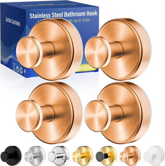 Suction Cup Hooks for Shower,Wreath Hanger for Front Door,Removable No Drill Towel Loofah Hooks,Upgraded 15 lbs Strong Suction for Bathroom,Wall,Glass,Stainless Waterproof-Rose Gold 4 Pcs