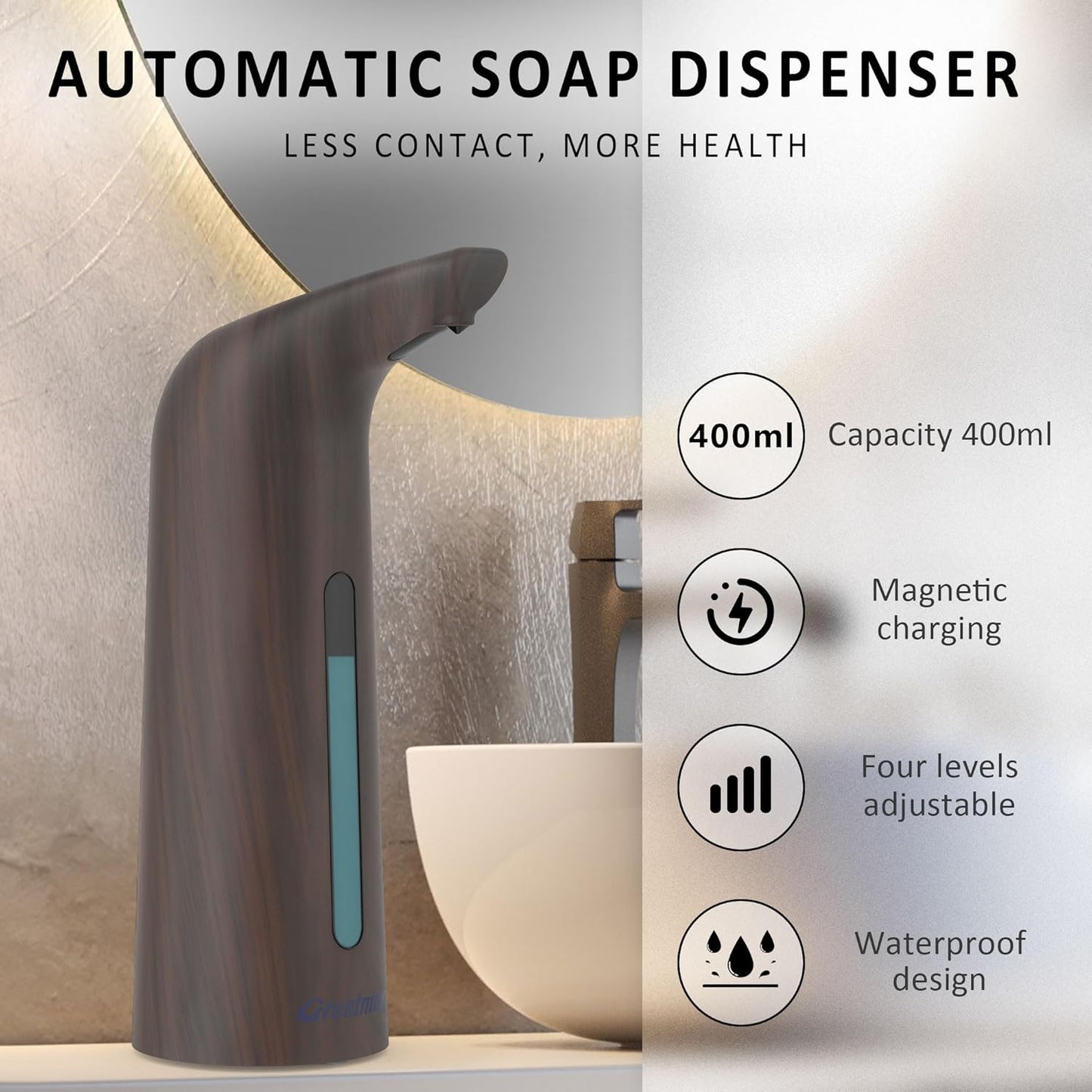 Convenient Automatic Soap Dispenser,4 Adjustable Levels Touchless Hand Sanitizer Pump with Infrared Sensor, 400 ml Countertop Electric Soap Dispenser for Bathroom,Kitchen