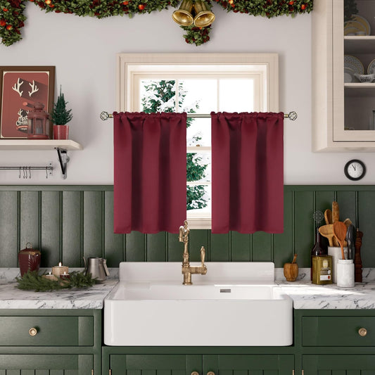 BGment Short Burgundy Blackout Curtains 36 Inches Length for Kitchen Window Over Sink - Half Window Drapes with Rod Pocket Privacy for Cafe Bathroom, 34 x 36 Inch, 2 Panels