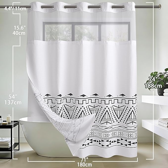 Conbo Mio No Hook Waffle Weave Shower Curtain with Snap in Liner Set, Hotel Luxury Boho Shower Curtains for Bathroom with See Through Top Window, Waterproof, Washable 71W x 74H White