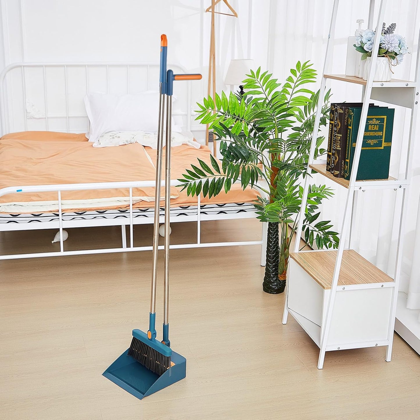 Suclain 4 Set 8 Pcs Broom and Dustpan Set 47 Inch Long Handle Brooms for Sweeping Indoor Household Dustpans for Indoor Outdoor Kitchen Floor(Blue)