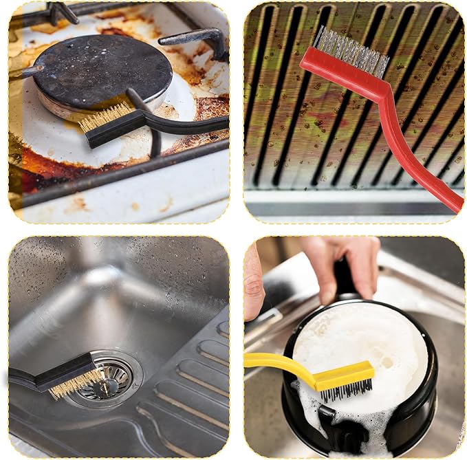 5 Pack Kitchen Stove Cleaning Brush + Scraper Tool Set, Stainless Steel and Nylon Brush Head Brushes Heavy Duty Scraper for Gas Burners Cooktop Pan Brass Kitchen, Bathroom, Range Hood Grease Grime