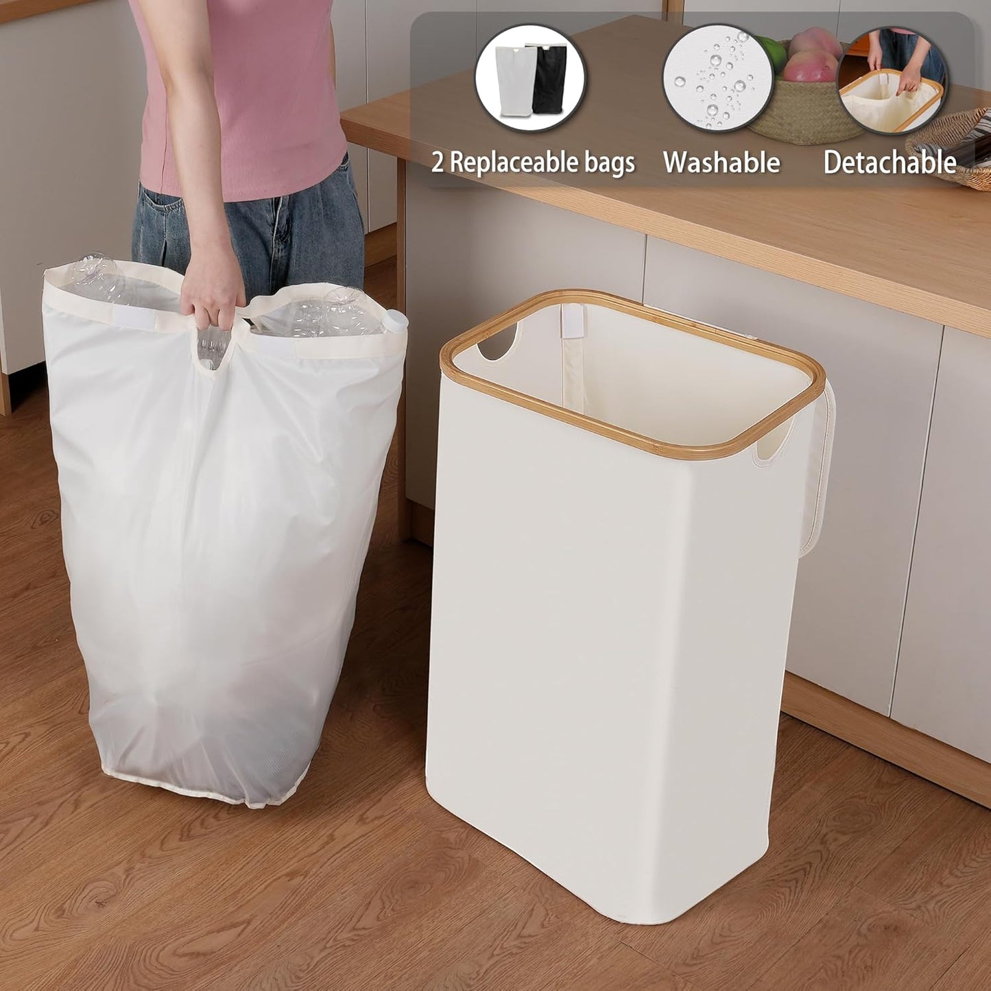 29 Gallons Recycling Bins for Kitchen, Indoor Recycle Bins with Lid, 110L Large Recycle bin with 2 Removeable Reusable Inner Bags, for Bottles Cans Glass Plastice Cartons(Beige)