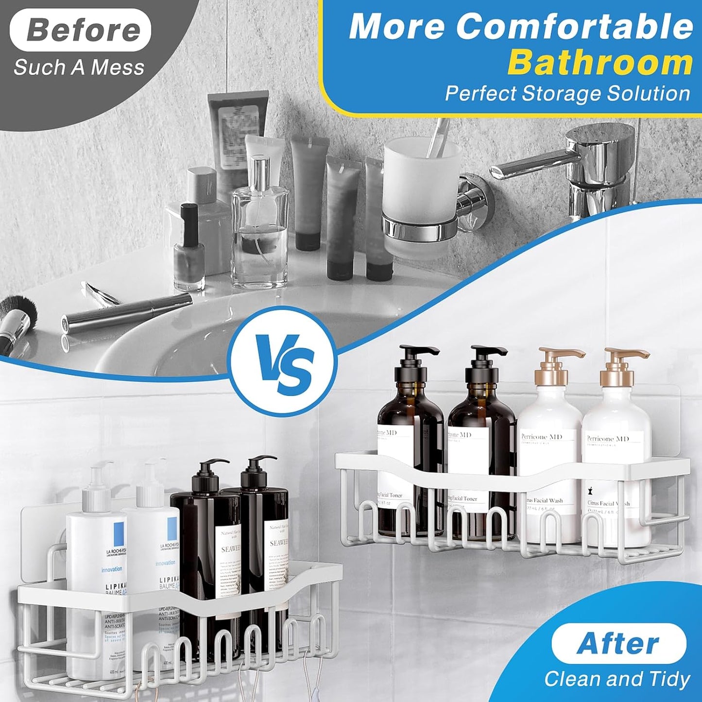 EUDELE 5-Pack Rustproof Stainless Steel Shower Caddy – No Drill Adhesive Bathroom Organizer with Large Capacity, Spacious Shower Shelves for Inside Shower, Kitchen & Home Decor Storage-XL Size