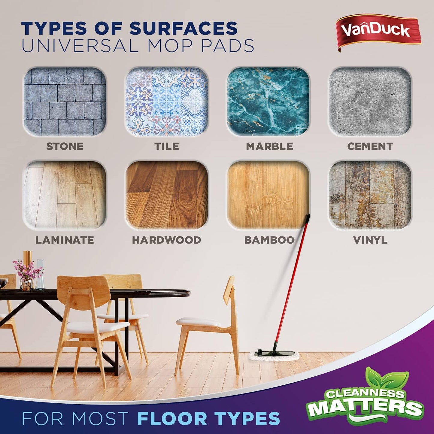 VanDuck 100% Cotton Terry Cloth Mop Pads 15x8 Inch 6-Pack (Handle is Not Included)