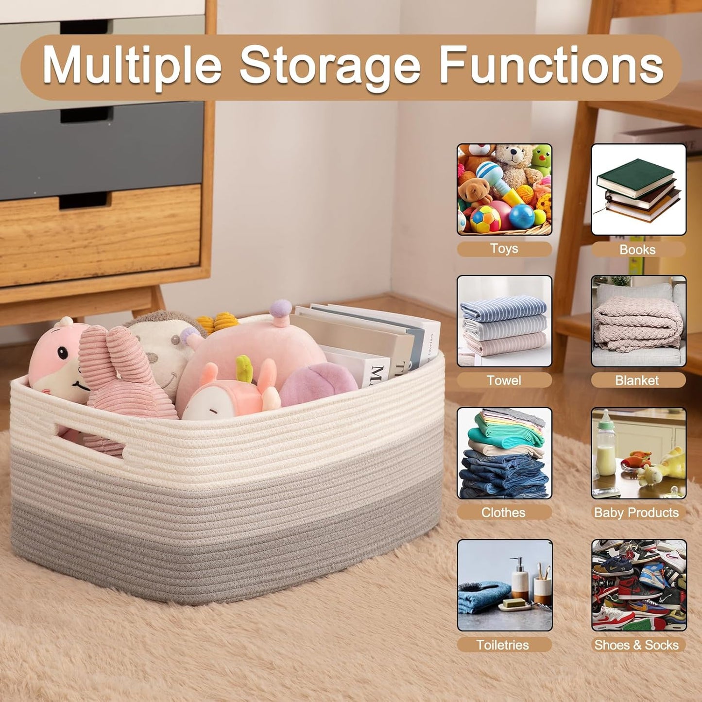 Large Storage Basket for Organizing, Woven Rope Basket for Shelves, Closet Organizer Bins for Clothes, Blanket, Toys, Baby Nursery Storage, 17.7" x 13" x 7.87", 3 Packs Gradient Grey