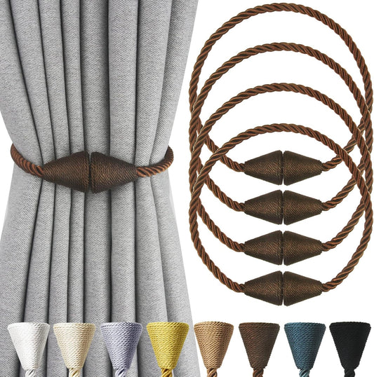 4 Pack Magnetic Curtain Tiebacks Rope Modern Handmade Curtain Tie Backs Decorative Drapes Weave Holdbacks for Window Décor, Coffee