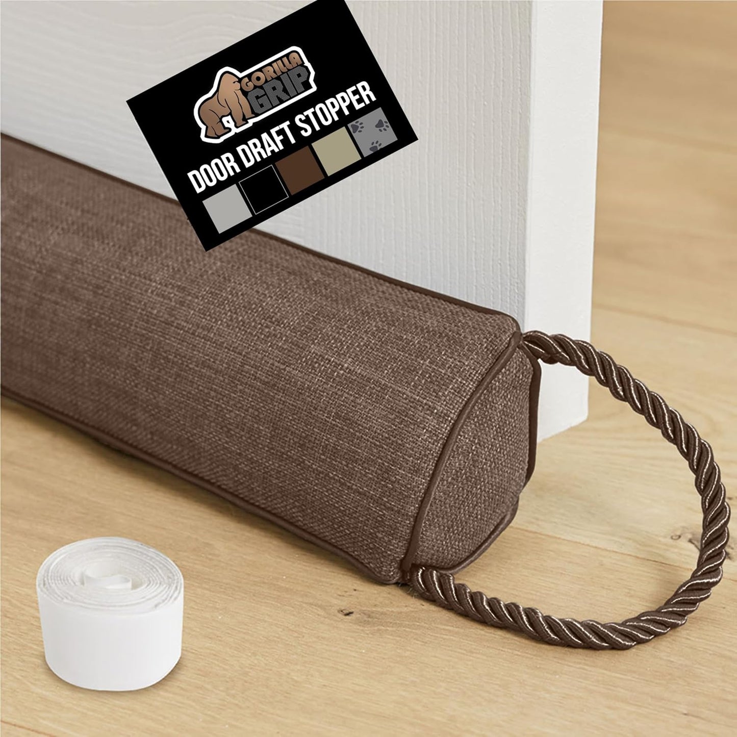 GORILLA GRIP Door Draft Stopper for Bottom of Doors, Weather Stripping Seal Blocks Hot Air, Noise, Bugs, Keeps Cold AC in, Sound Proofing Easy Install Gap Filler, Home Essentials, 34 Inch, Brown