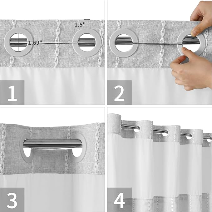 No Hook Stall Shower Curtain with Snap-in Fabric Liner - 54x80 Heavy-Duty Linen Textured Striped Design,Narrow Rustic Modern Farmhouse Bohemian Bathroom Curtain,Water-Repellent,Grey/Gray