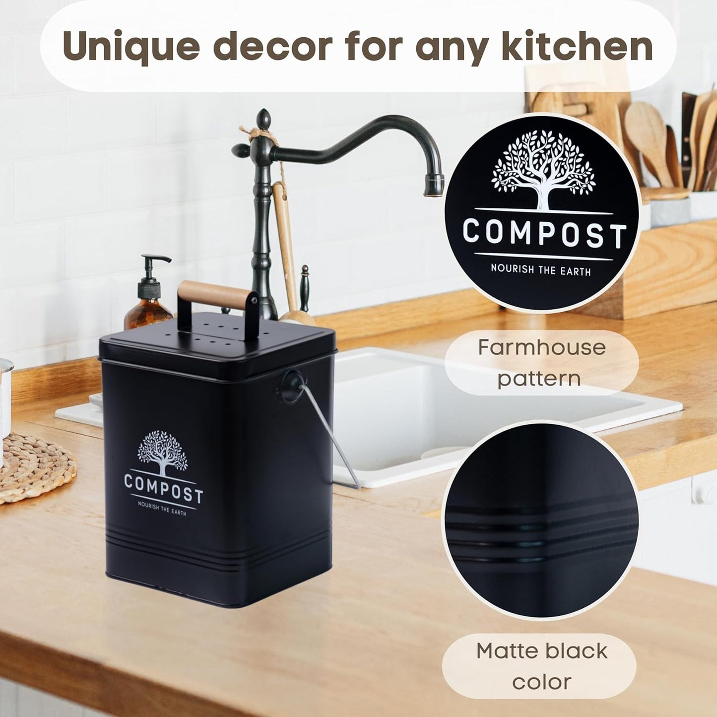 PERFNIQUE Kitchen Compost Bin, 1.7 Gallon Countertop Compost Bin with Lid, Indoor Compost Bin Includes 2 Carbon Filters, Small Compost Bucket, Food Waste Bin for Kitchen with Trash Bags (Matte Black)