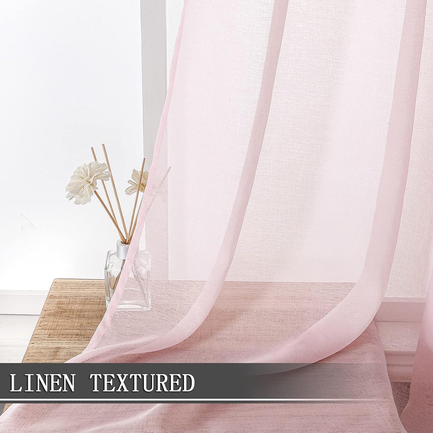 Tollpiz Sheer Curtain Linen Textured Bedroom Curtains Sheer Light Filtering Rod Pocket Voile Curtain for Living Room, 54 x 95 inches Long, Pink, Set of 2 Panels