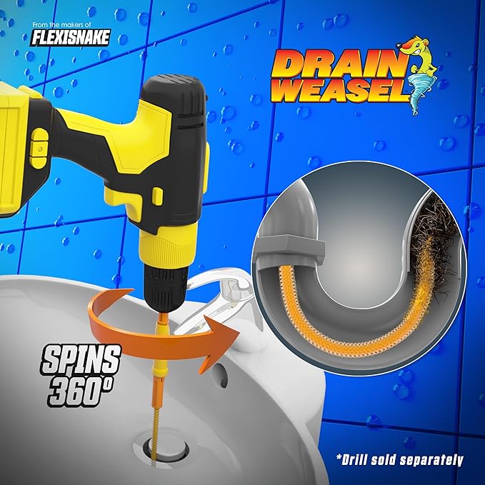 FlexiSnake Drain Weasel MAX Power Sink Snake Hair Clog Remover Tool, Sink, Pipe, Bathroom, Bathtub Drain Cleaner, with Drill Connector, 30-inches Long, Made in The USA