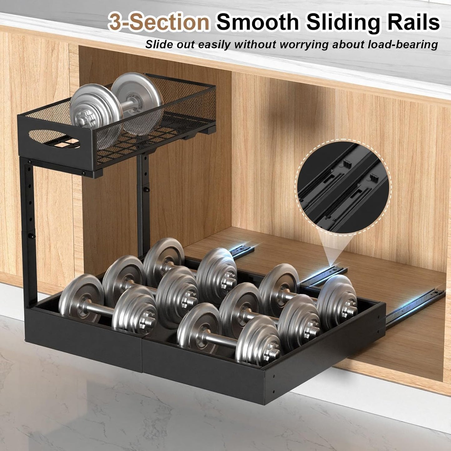 Housolution Under Sink Organizer, 13"-20" Width Expandable, 13"-17" Height Adjustable, 2 Tier Metal Pull Out Under Sink Storage Rack with 3 Sliding Rails for Kitchen Bathroom Cabinet, Single Side